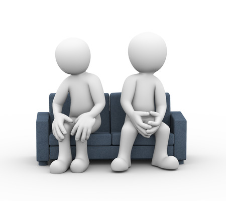3d illustration of disagree and dispute between husband wife sitting on sofa. family problem, people conflict and disputeの写真素材