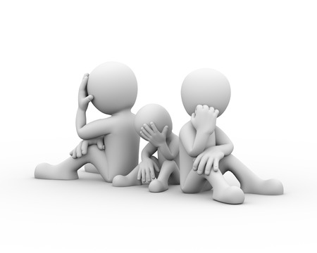 3d rendering of couple with child sitting back to back. Presentation of family problem, people conflict and disputeの写真素材