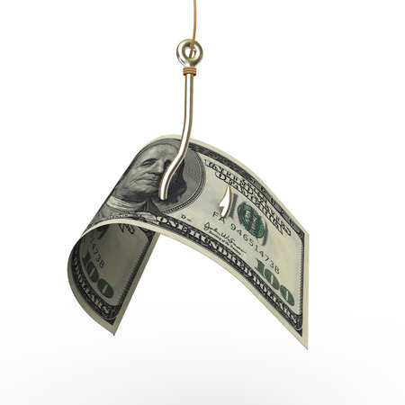 3d rendering of a fishing hook with usa currency dollar attached at the endの写真素材