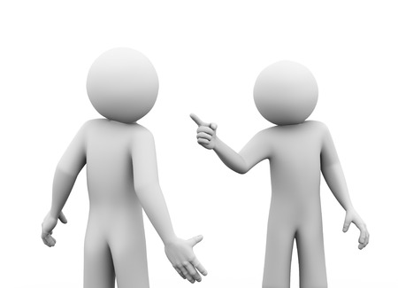 3d rendering of angry man pointing finger to his opponent. 3d white people man character.の写真素材
