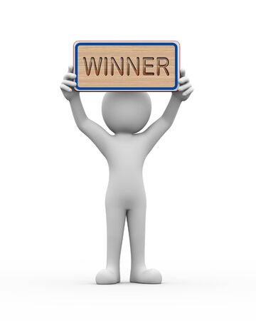 3d rendering of man holding engraved wooden banner of word text winner. 3d white person people man.の写真素材