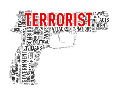 Illustration of pistol shape tags wordcloud of concept terrorist