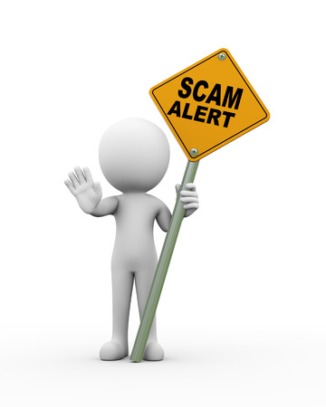 3d rendering of man holding scam alert road signboard. 3d white person people manの写真素材