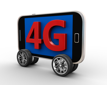 3d rendering of modern 4g smart mobile phone on wheelsの写真素材