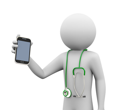 3d rendering of doctor with stethoscope holding mobileの写真素材
