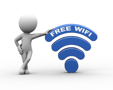 3d rendering of man standing with free wi-fi wireless symbol iconの写真素材