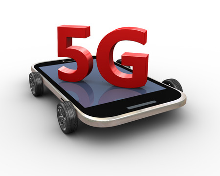 3d rendering of modern 5g smart mobile phone on wheelsの写真素材