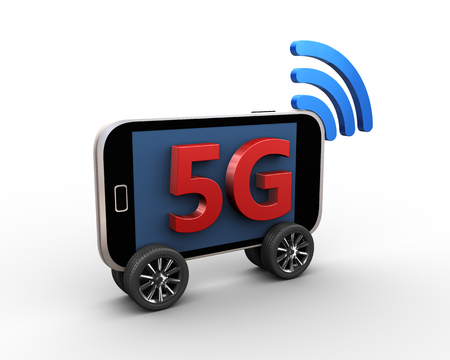 3d rendering of modern 5g smart mobile phone on wheels with wifi wireless symbol iconの写真素材