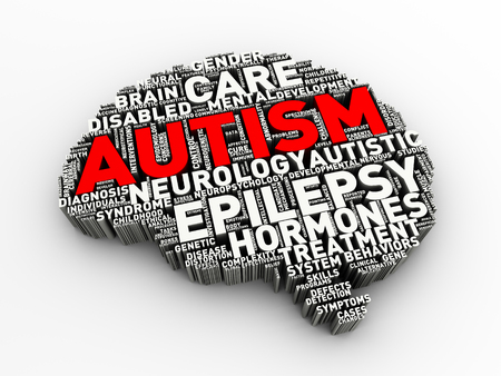 3d rendering of brain shape word cloud tags of autism awarenessの写真素材
