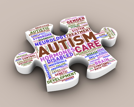 3d rendering of puzzle shape piece word cloud tag of autism conceptの写真素材