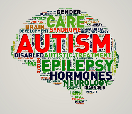 Illustration of custom brain shape word cloud tags of autism awarenessの写真素材