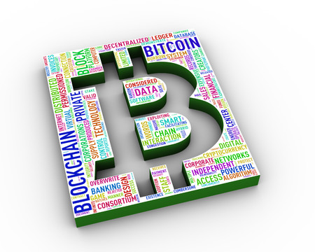 3d rendering of bitcoin symbol icon cut out word tag cloudの写真素材
