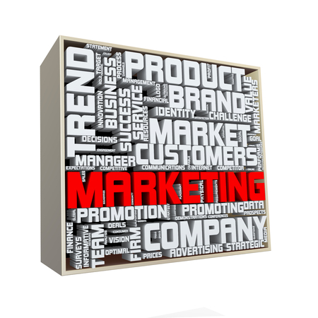 3d render of box word cloud tags of marketingの写真素材