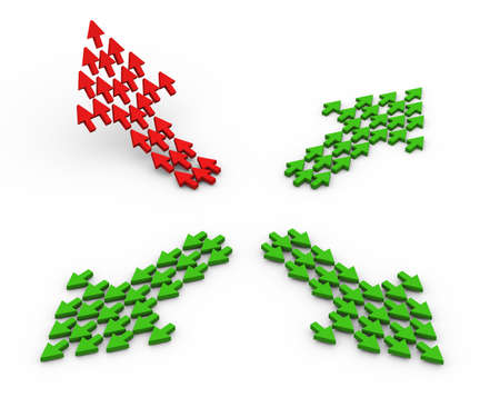 3d render of rising unique red arrows group, made up of small arrowsの写真素材