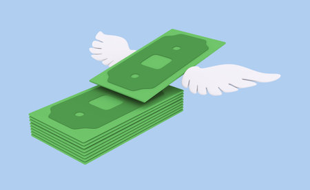 3d rendering of minimal flying cash currency dollar euro with wing. Three-dimensional illustration concept of increasing currency valueの写真素材