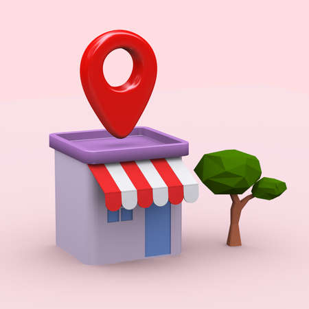 3d rendering of location pin minimal shop online buy sell, purchase payment . Three-dimensional illustration concept of online digital marketing businessの写真素材