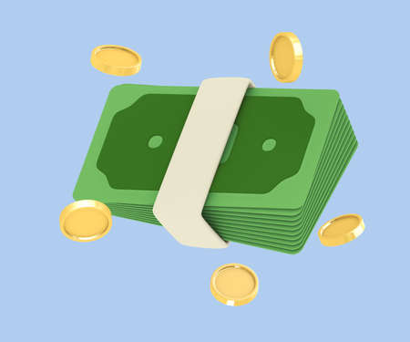 3d rendering of minimal bundle cash currency coin. Three-dimensional illustration concept of cashless money savingの写真素材