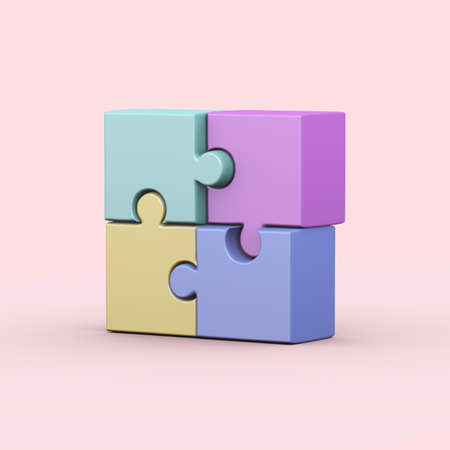 3d rendering of minimal jigsaw puzzle pieces. Three-dimensional illustration concept of Problem-solving, business conceptの写真素材