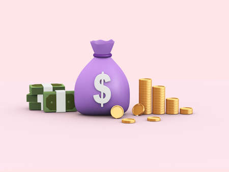 3d rendering of minimal money bag with coins stack bundle dollar pack. Three-dimensional illustration concept of business finance, investment, growth making cash money, saving.の写真素材