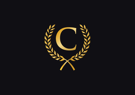 Initial Letter C Logo with Laurel Wreath, Luxury Logotypeのイラスト素材