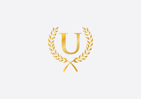 Initial Letter U Logo with Golden Laurel Wreath, Elegant Luxury Logotypeのイラスト素材