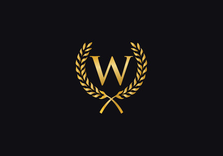 W Letter Logo with Golden Laurel Wreath, Luxury W Letter Logo Templateのイラスト素材