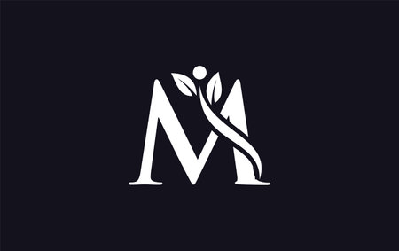 Initial M letter with leaf  icon alphabet in black and white color for business and corporate identityのイラスト素材