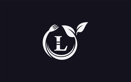 L letter with fork and spoon icon in black and white color for restaurant or cafeのイラスト素材