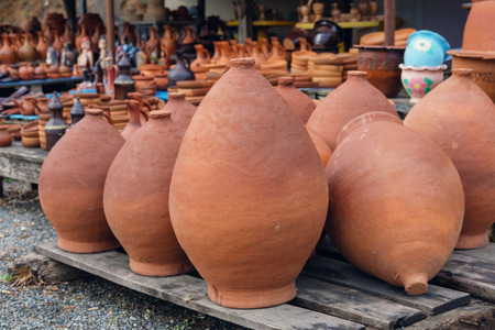 Set of large wine jugs vineyard, selective focusの写真素材