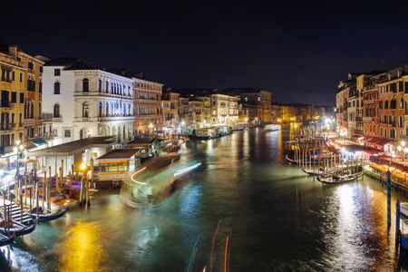 View of the Grand Canal at night, Venice, Italyの写真素材