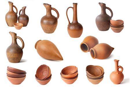 Set of  wine jugs and clay cups on a white background, isolatedの写真素材