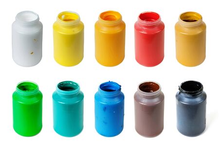 Set of various colors acrylic paints in the plastic containers, isolated white backgroundの写真素材
