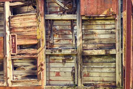 Detail of the old vintage abandoned wooden cargo train carriage