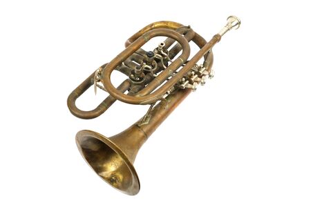 Old golden trumpet on a white background, isolated