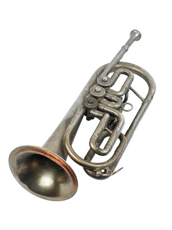 Old silver trumpet standing on a white background, isolatedの写真素材
