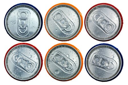 Color shiny metallic drink cans with water drops isolated on white background, top view
