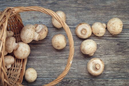 White mushrooms and basket on the wooden rustic table, selective focus