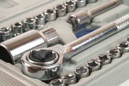 Detail of the socket spanner wrench and various wrench heads in the toolbox