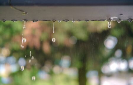 Blurred natural rainy background with water drops in motion. Raindrops pouring from the roof, selective focusの写真素材