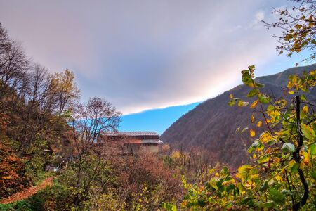 Abandoned house in the autumn forest on the mountains with blue cloudy sky background
