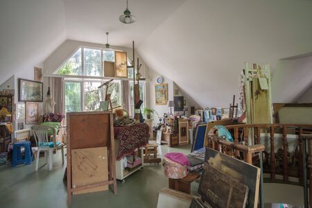 Batumi, Georgia, May 26, 2020: Interior of a artist's studio with large light window
