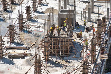 Batumi, Georgia, Jun 5, 2020: Group of construction workers working at construction site