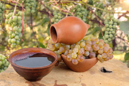 Georgian traditional decorative jug for wine qvevri and clay cups with wine and grape on the wooden log slice, blurred vineyard backgroundの写真素材