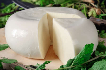 A cheese on a wooden board with green herbs background. Georgian cheese sulguniの写真素材