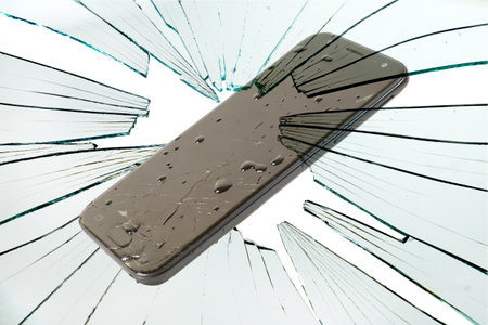 Smartphone with water drops brakes though the broken glassの写真素材