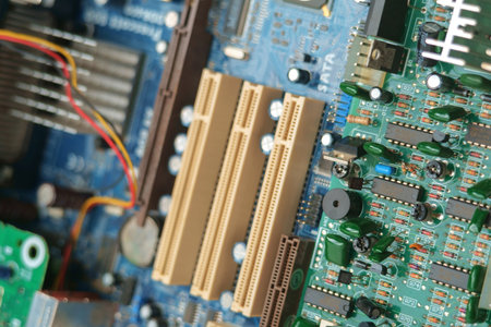 A blue electronic circuit board background, close upの写真素材