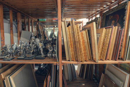 Batumi, Georgia, December, 17, 2020: Batumi Art Museum, Wooden shelves at art gallery storage full...