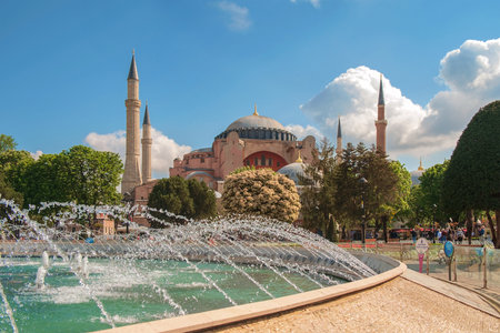 Istanbul, Turkey, April, 20, 2016: View of the fountain at the garden in the sunny day near the Hagia sophia mosqueのeditorial素材