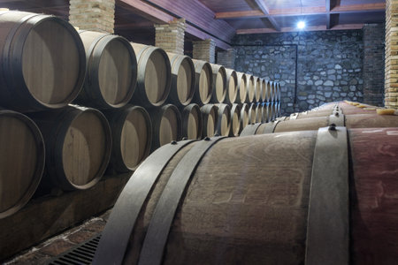 Row of oak barrels in a dry cool wine cellar in basementのeditorial素材