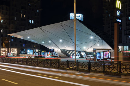 Batumi, Georgia. November 30, 2017 - Modern building of McDonalds restaurant at nightのeditorial素材